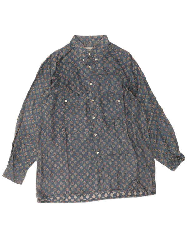 Vintage hommes motif abstrait chemise 2XL bleu géométrique soie