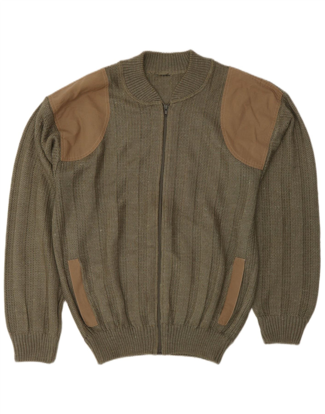 Vintage Mens Cardigan Sweater Medium Khaki Colourblock Acrylic