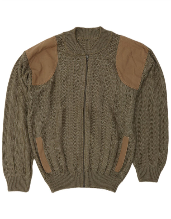 Vintage Mens Cardigan Sweater Medium Khaki Colourblock Acrylic