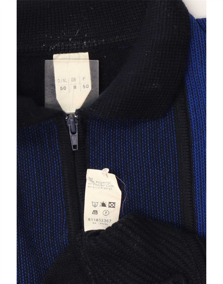 Vintage Mens Polo Neck Jumper Sweater Medium Navy Blue Striped Polyacrylic