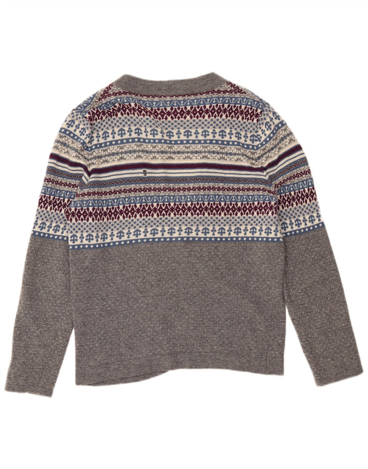 Benetton Womens Cardigan Sweater UK 14 Medium Grey Fair Isle Wool