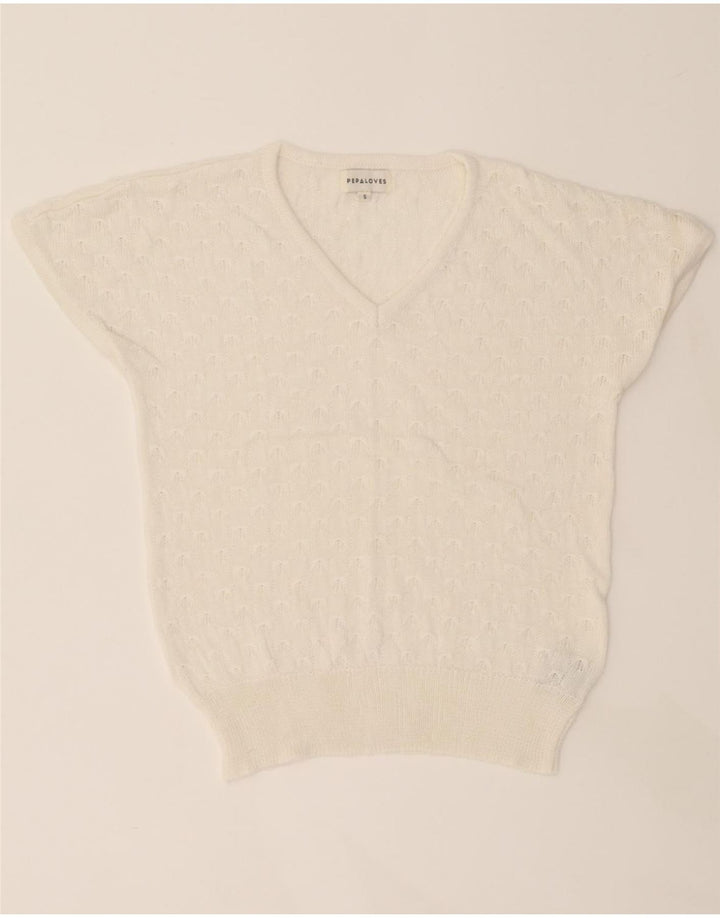 PEPALOVES Womens Oversized V-Neck Jumper Sweater UK 10 Small White Vintage Pepaloves and Second-Hand Pepaloves from Messina Hembry 