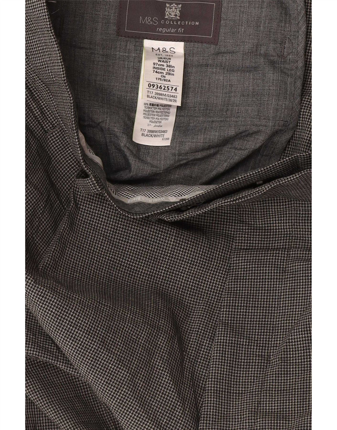 Marks & Spencer Mens Straight Suit Trousers W38 L29 Grey Houndstooth
