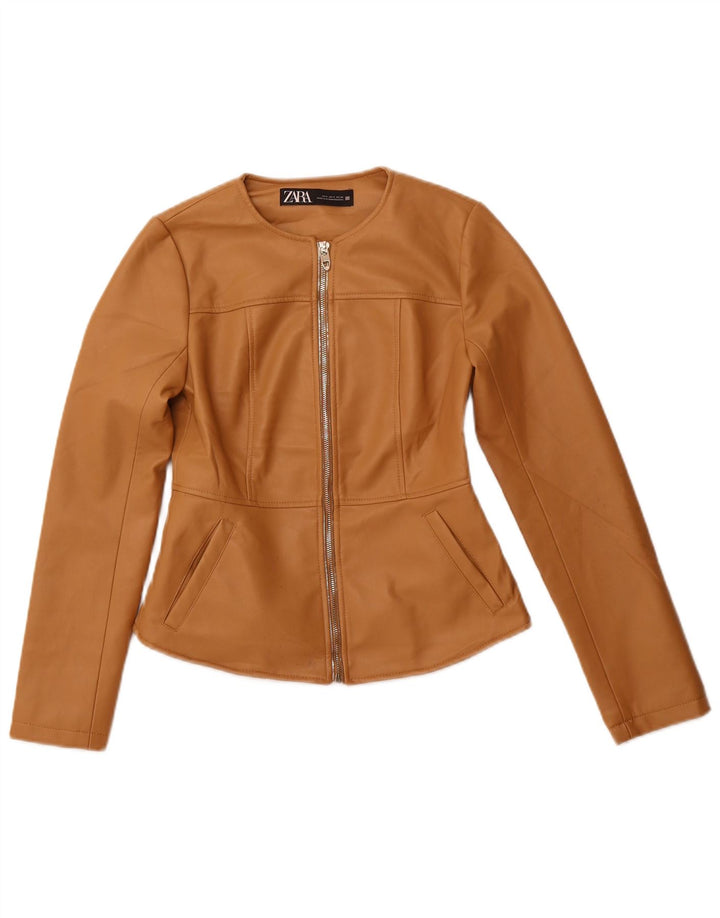 Zara Womens Crop Faux Leather Jacket UK 10 Small Beige Polyester