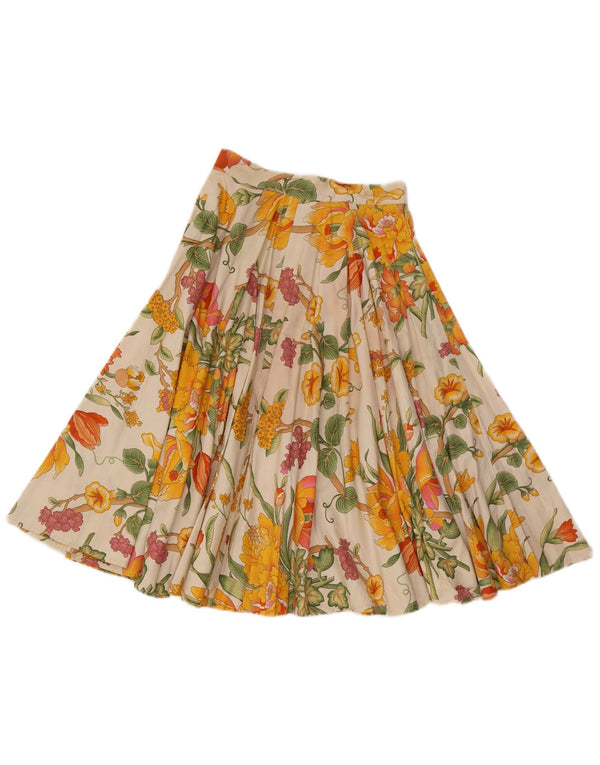 Vintage Womens Pleated Skirt UK 12 Medium W26 Off White Floral Cotton