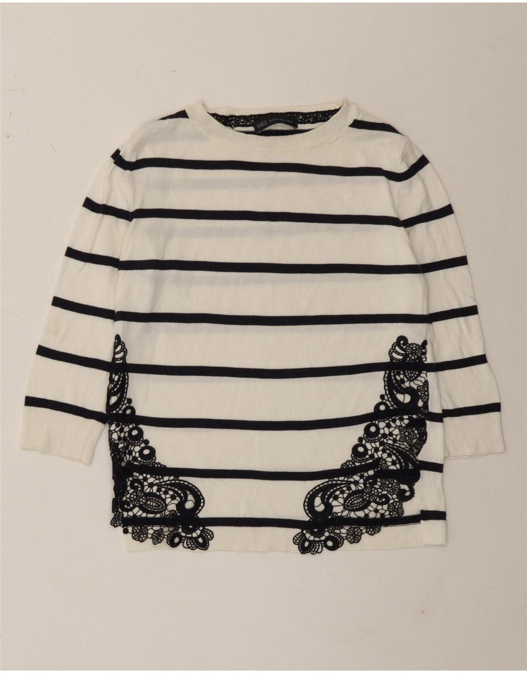 Marks & Spencer Womens Top 3/4 Sleeve UK 8 Small White Striped Cotton