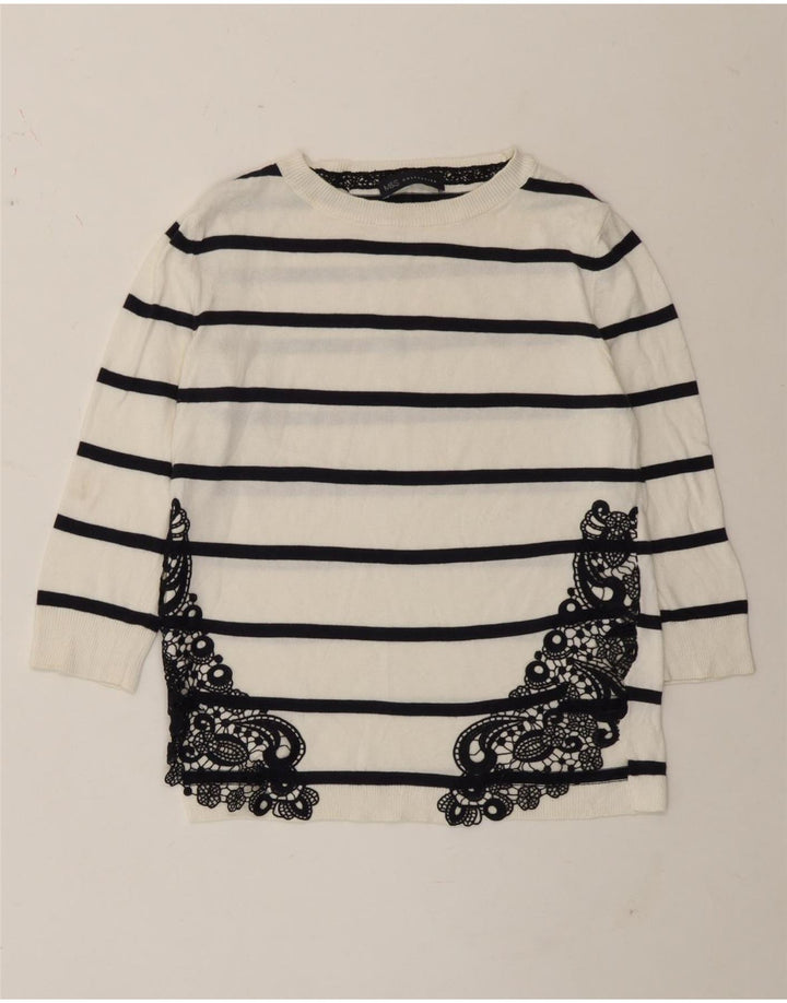 Marks & Spencer Womens Top 3/4 Sleeve UK 8 Small White Striped Cotton