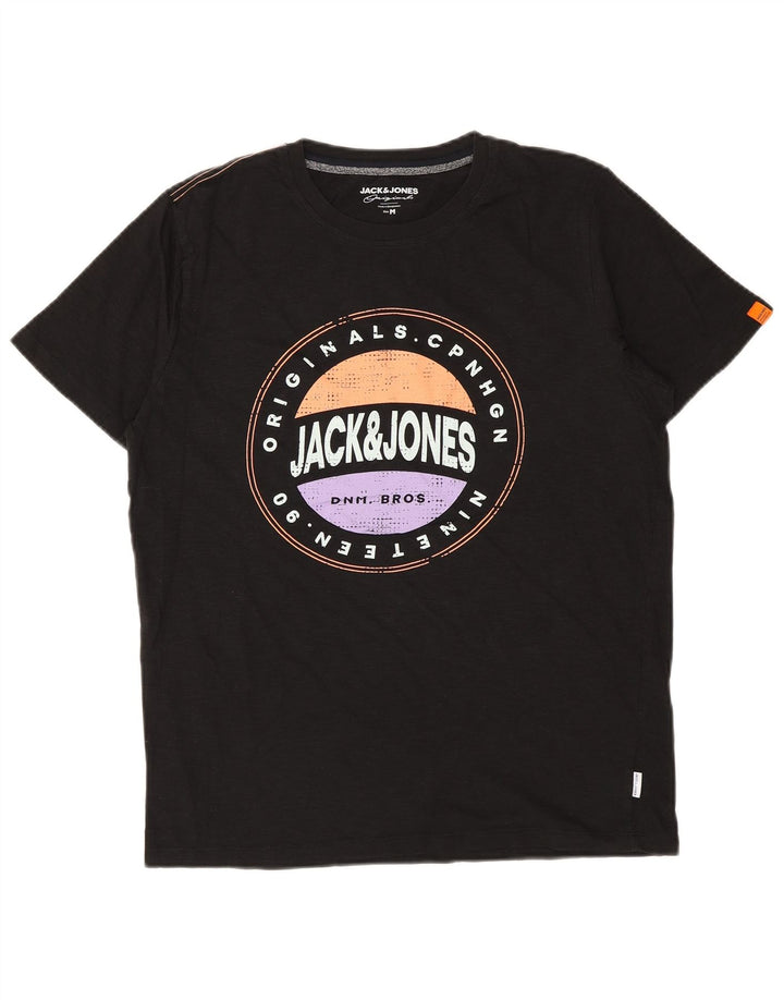 JACK & JONES Mens Graphic T-Shirt Top Medium Black Cotton