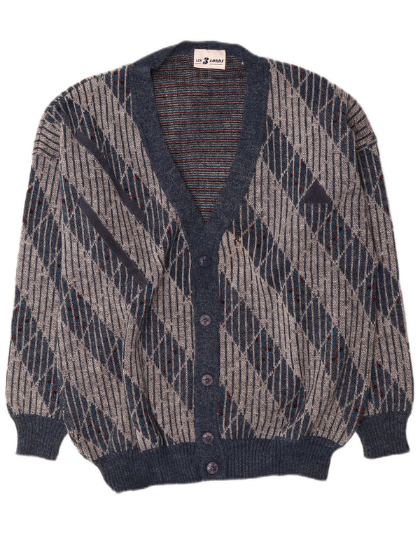 Vintage Mens Cardigan Sweater XL Navy Blue Geometric Acrylic