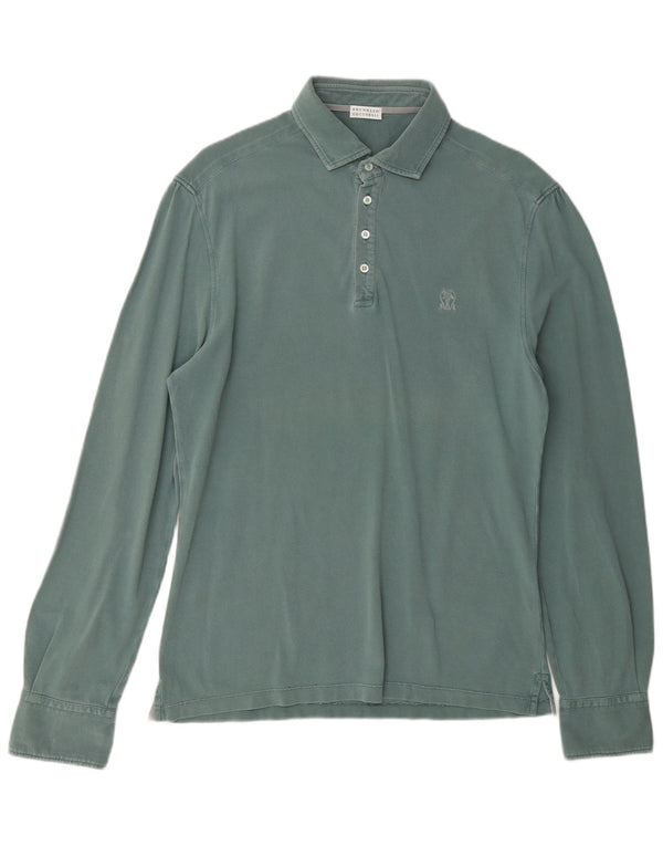 Brunello Cucinelli Mens Long Sleeve Polo Shirt Medium Green Cotton