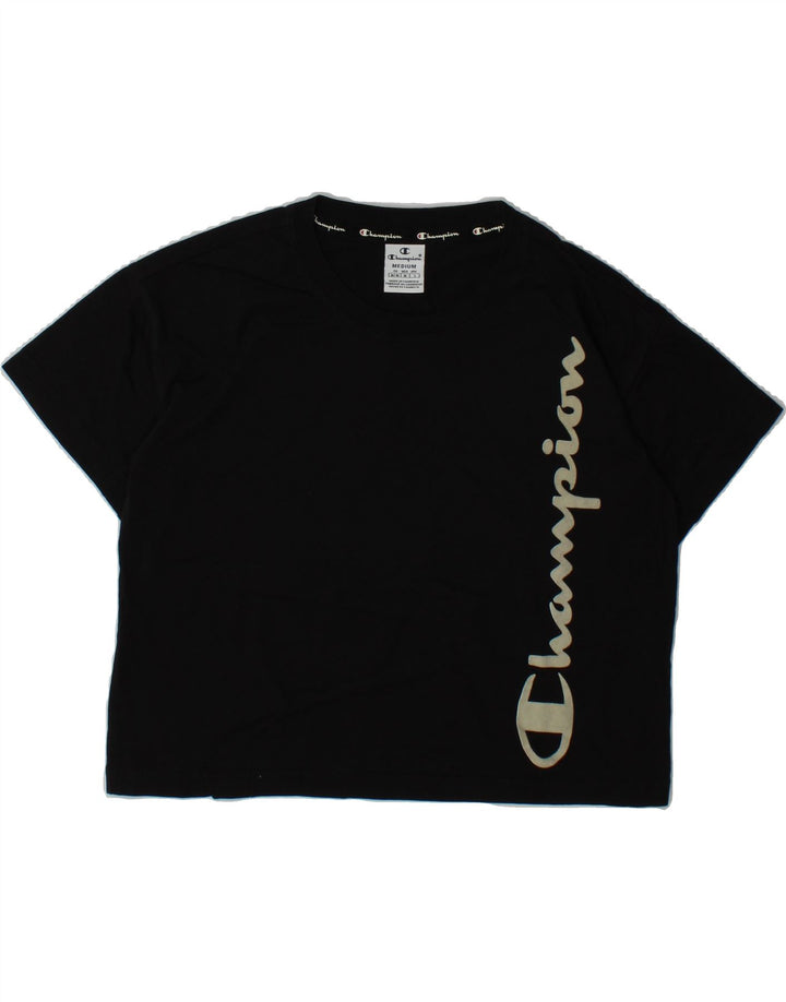 CHAMPION Womens Crop Oversized Graphic T-Shirt Top UK 14 Medium Black Vintage Champion and Second-Hand Champion from Messina Hembry 