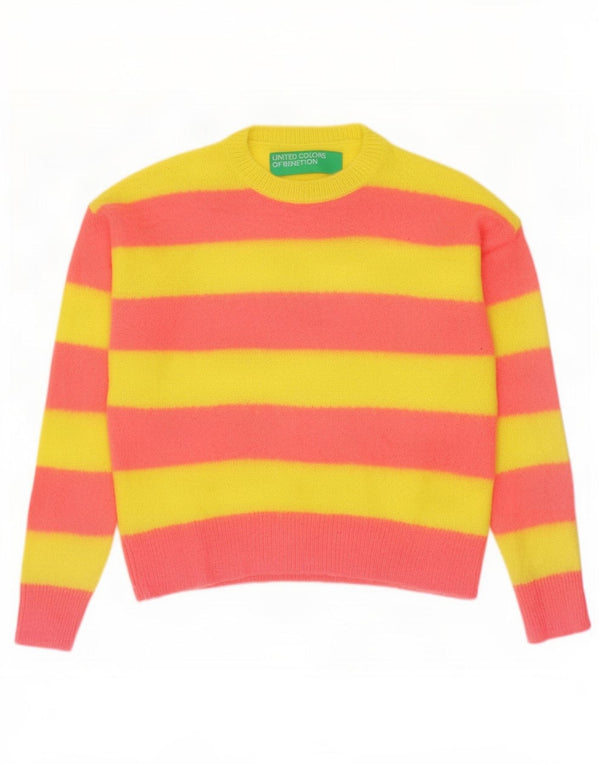 Benetton Womens Crew Neck Jumper Sweater UK 10 Small Yellow Striped
