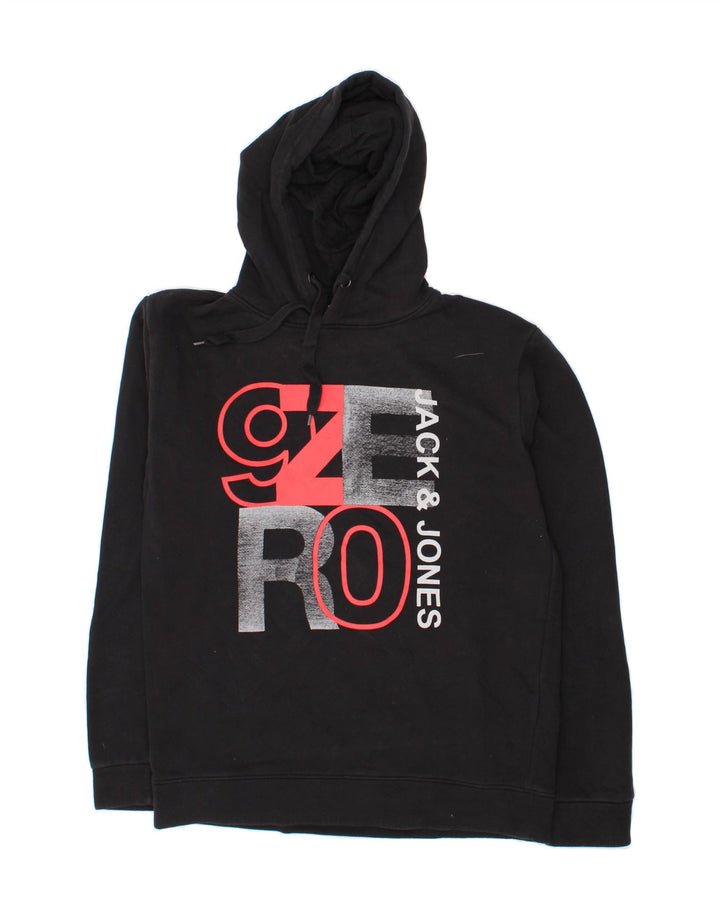 JACK & JONES Mens Graphic Hoodie Jumper Medium Black Cotton Vintage Jack & Jones and Second-Hand Jack & Jones from Messina Hembry 