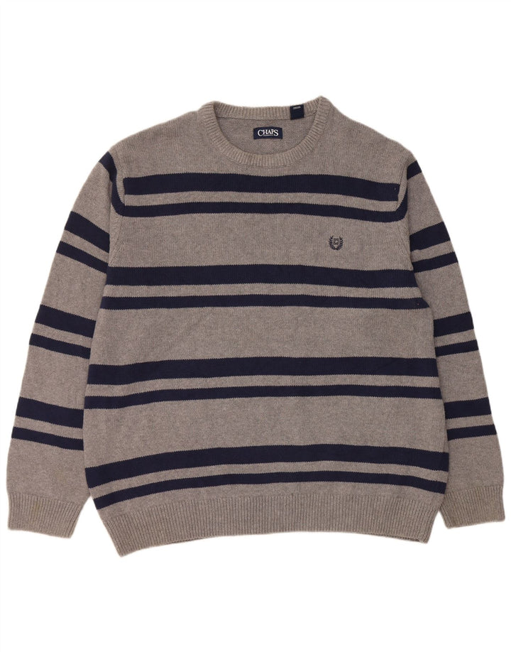 Chaps Mens Crew Neck Jumper Sweater 2XL Grey Striped Cotton