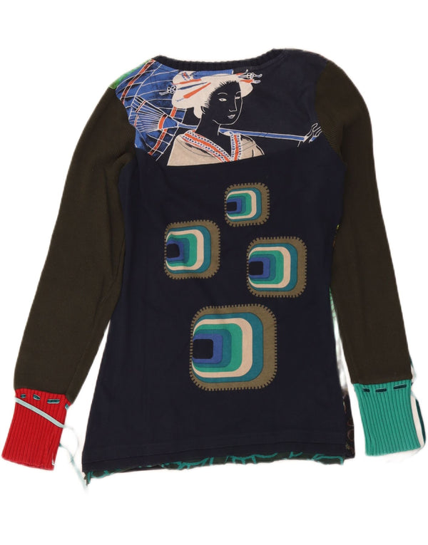 Desigual damski top graficzny z długim rękawem UK 14, duży granatowy w kwiaty