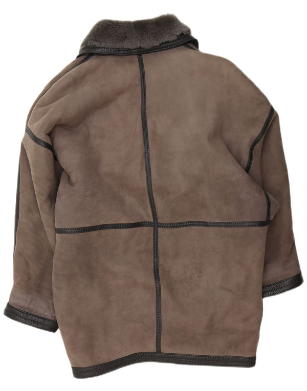 Vintage Dame Oversized Shearling Coat UK 20 2XL Grå Læder