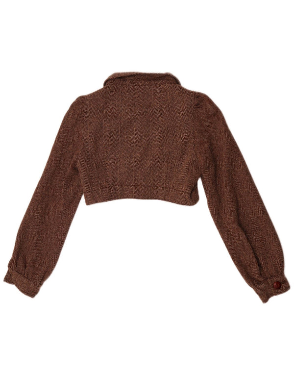 Zara Damen Bolerojacke UK 10 Kleine braune Wolle mit Fischgrätenmuster