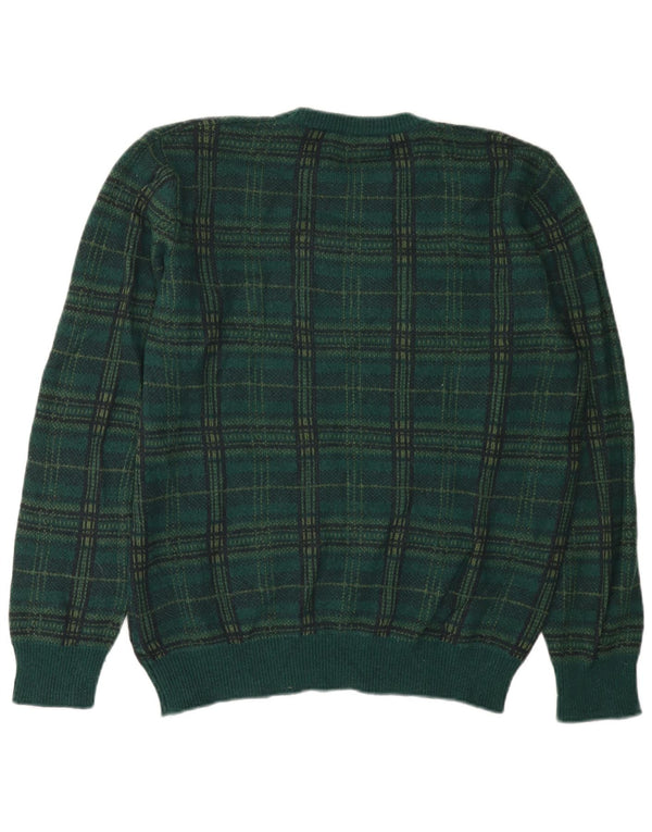 Benetton Herren-Pullover mit Rundhalsausschnitt, XL, grün karierte Wolle