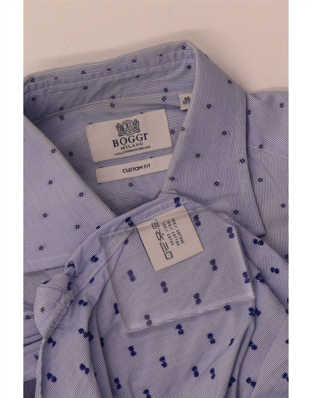 Boggi Herre Custom Fit skjorte størrelse 40 15 3/4 Medium Blue Pinstripe