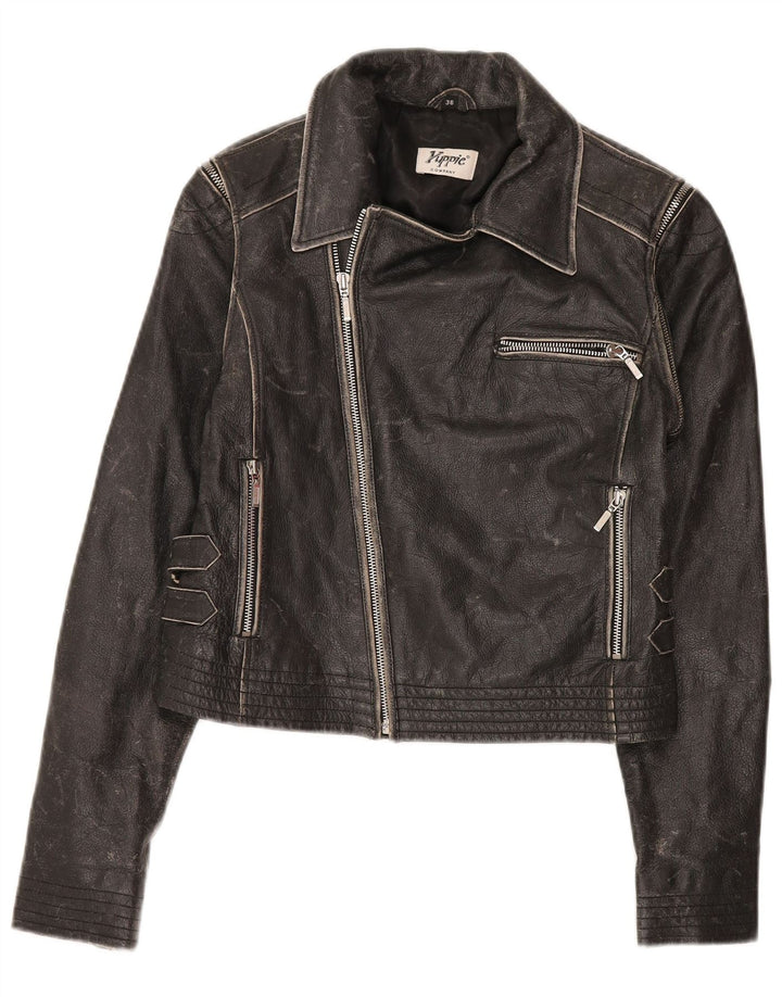 Yuppie Womens Crop Leather Biker Jacket EU 38 Medium Black Leather