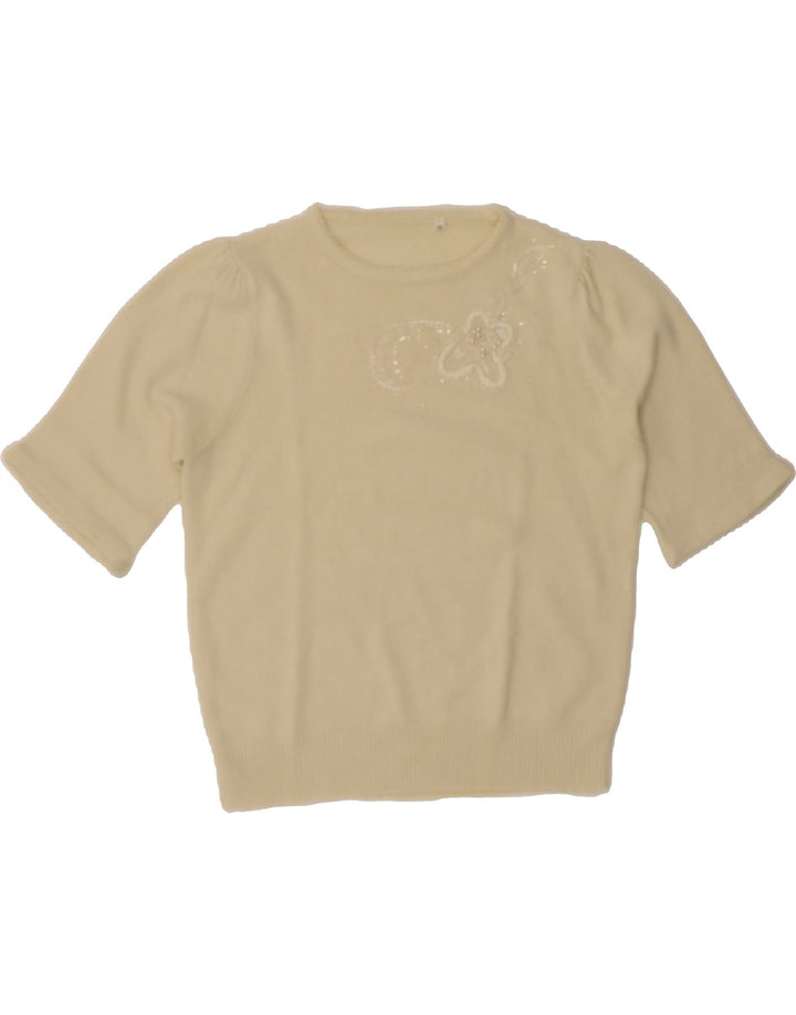 VINTAGE Womens Short Sleeve Crew Neck Jumper Sweater EU 40 Medium Beige Vintage Vintage and Second-Hand Vintage from Messina Hembry 