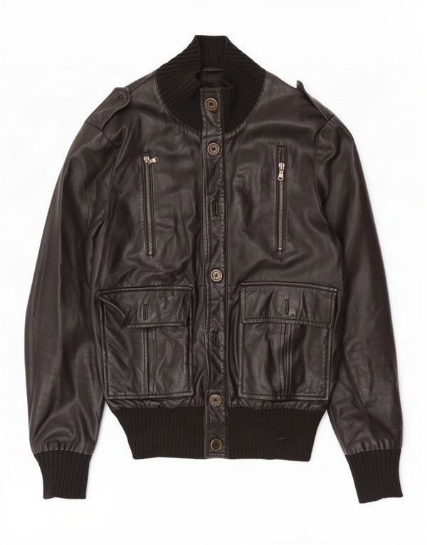 Squero Mens Military Leather Jacket UK 36 Small Black