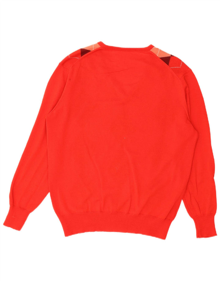VINTAGE Mens V-Neck Jumper Sweater Medium Red Argyle/Diamond