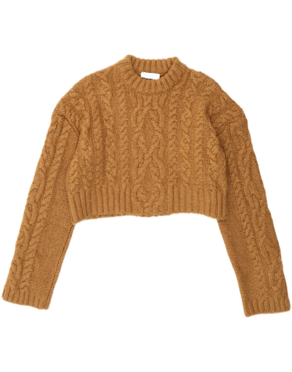 Zara Womens Crop Crew Neck Jumper Sweater UK 14 Medium Beige Akryl