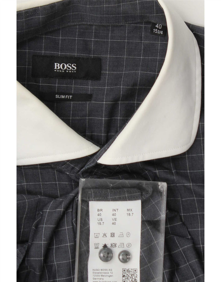 Hugo Boss Mens Slim Fit Shirt Size 40 15 3/4 Medium Grey Check Cotton
