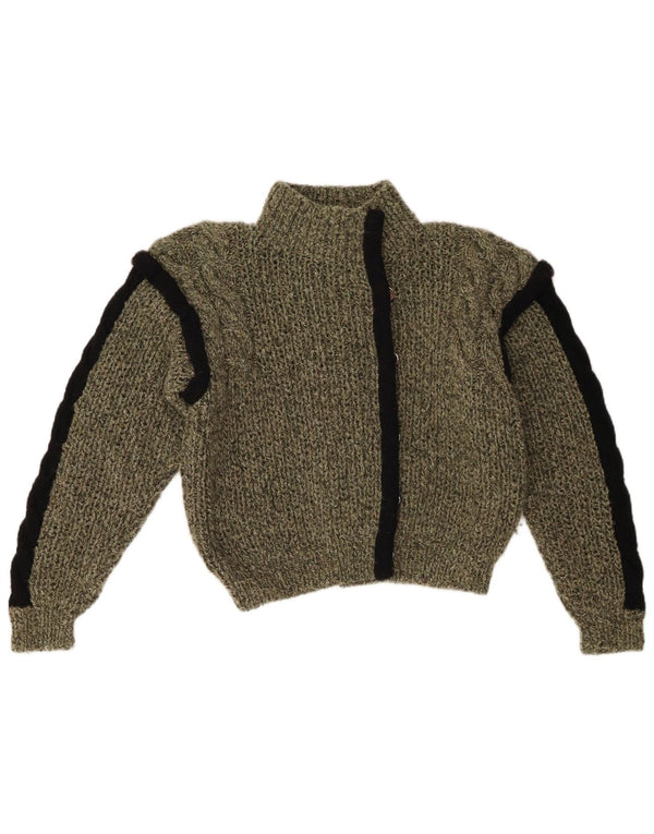 Vintage Damen Crop Cardigan Pullover UK 12 Medium Khaki Colourblock Baumwolle