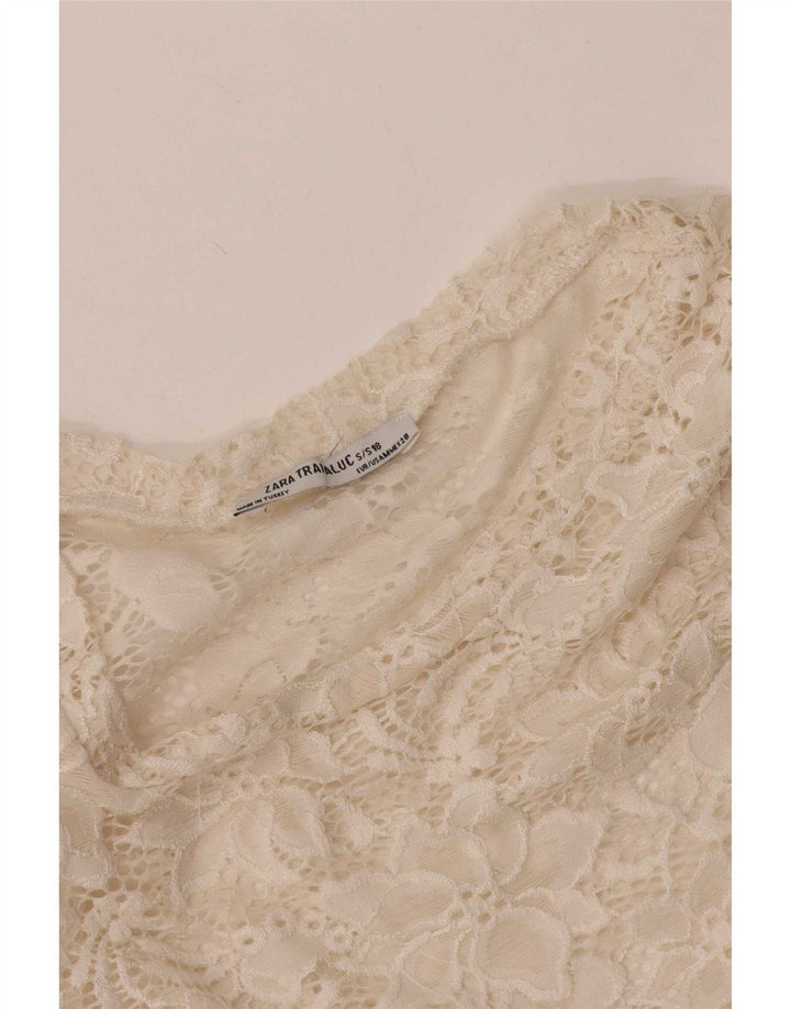 Zara Womens Crop See Through Blouse Top UK 12 Medium Off White Floral
