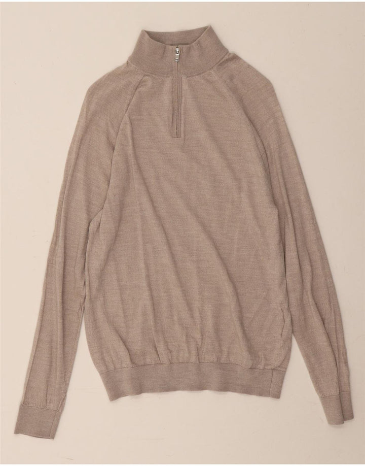REISS Mens Zip Neck Jumper Sweater Large Grey Wool