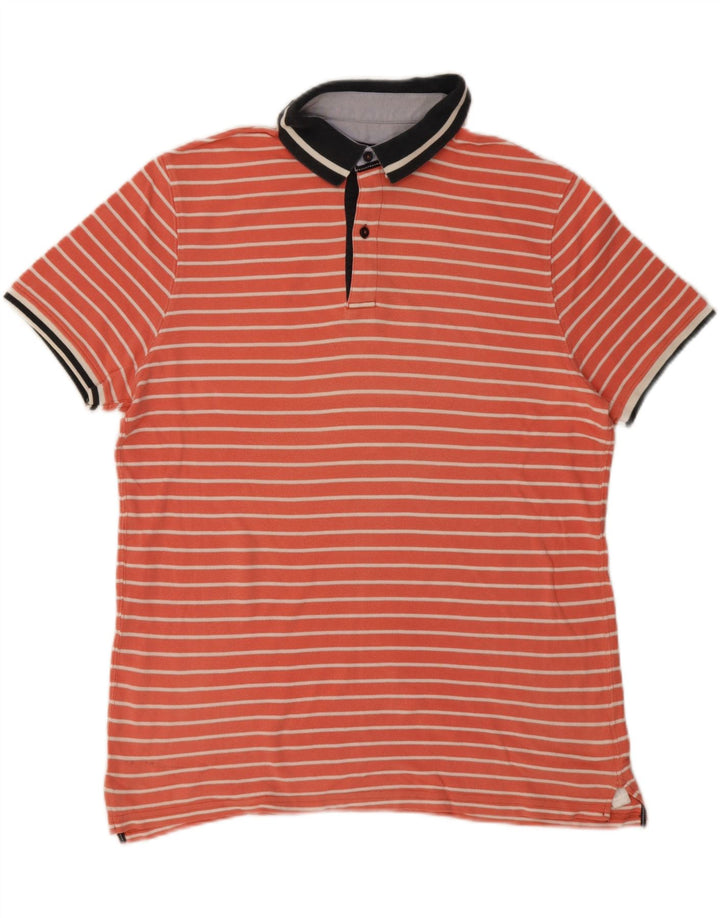 Massimo Dutti Mens Polo Shirt XL Orange Striped Cotton