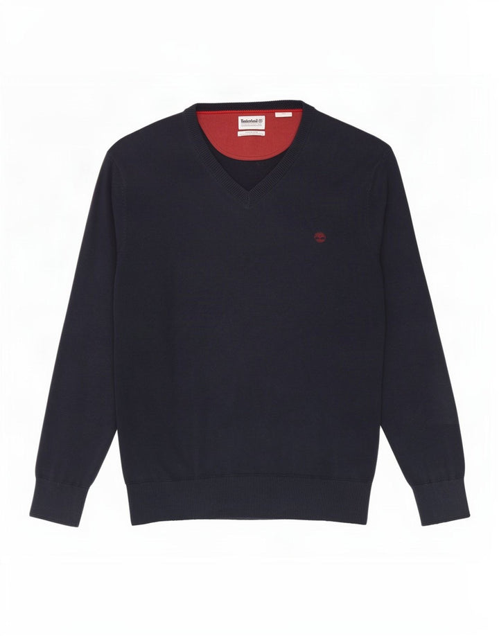 Timberland Mens V-Neck Jumper Sweater Medium Navy Blue Cotton