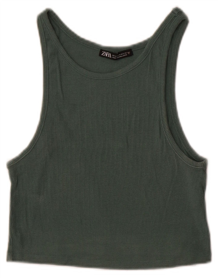 Zara Womens Crop Vest Top UK 12 Medium Green Cotton