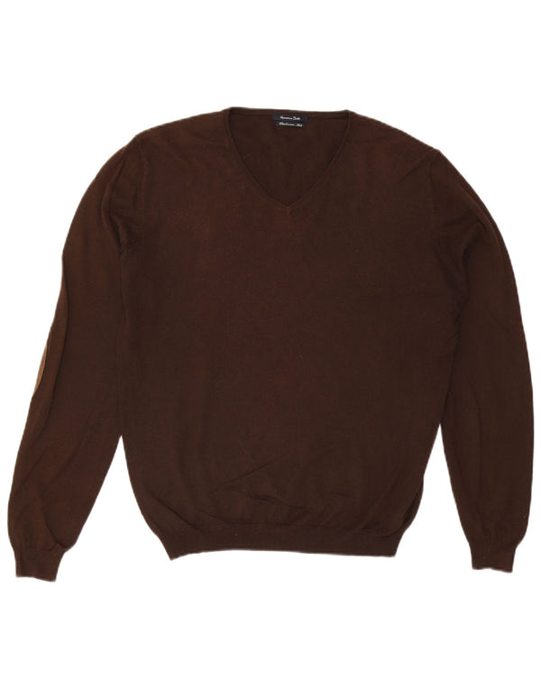 Massimo Dutti Mens V-Neck Jumper Sweater Medium Brown Cashmere