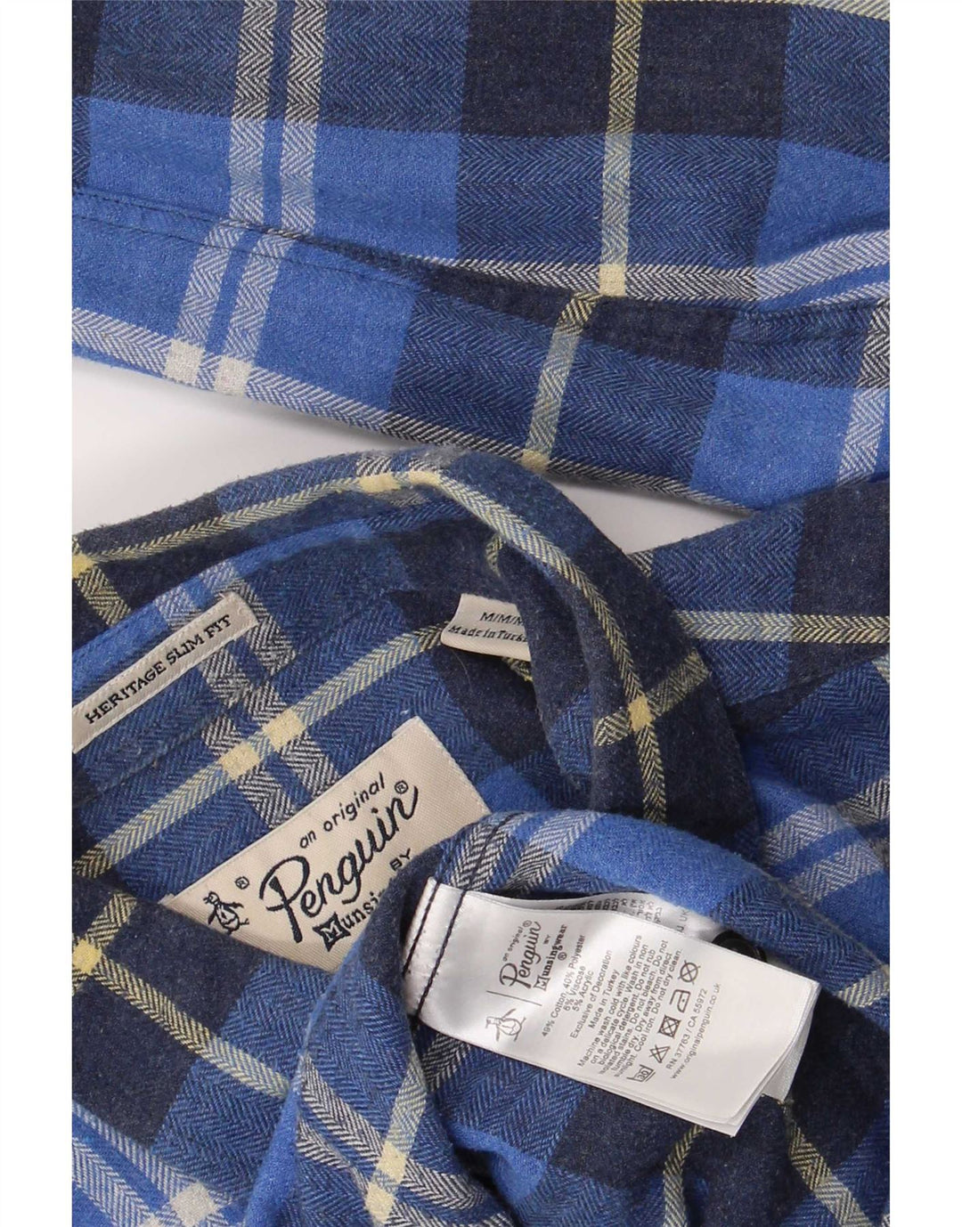 Penguin Mens Heritage Fit Slim Flannel Shirt Medium Blue Check Cotton