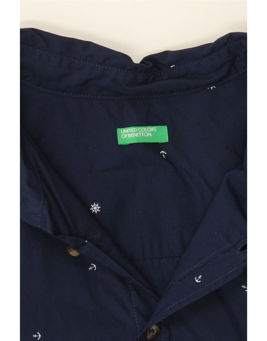 BENETTON Boys Abstract Pattern Shirt 13-14 Years 3XL Navy Blue Cotton Vintage Benetton and Second-Hand Benetton from Messina Hembry 