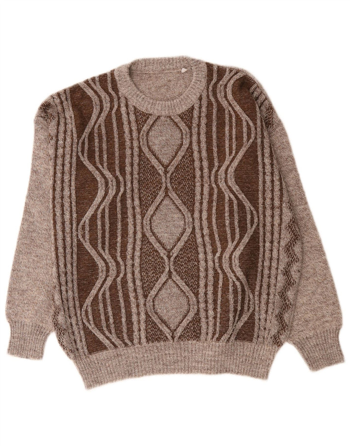 Vintage Mens Crew Neck Jumper Sweater Large Brown Geometric