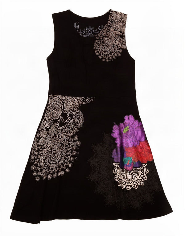 Desigual Abito da donna senza maniche a trapezio UK 12 Grande motivo cachemire nero