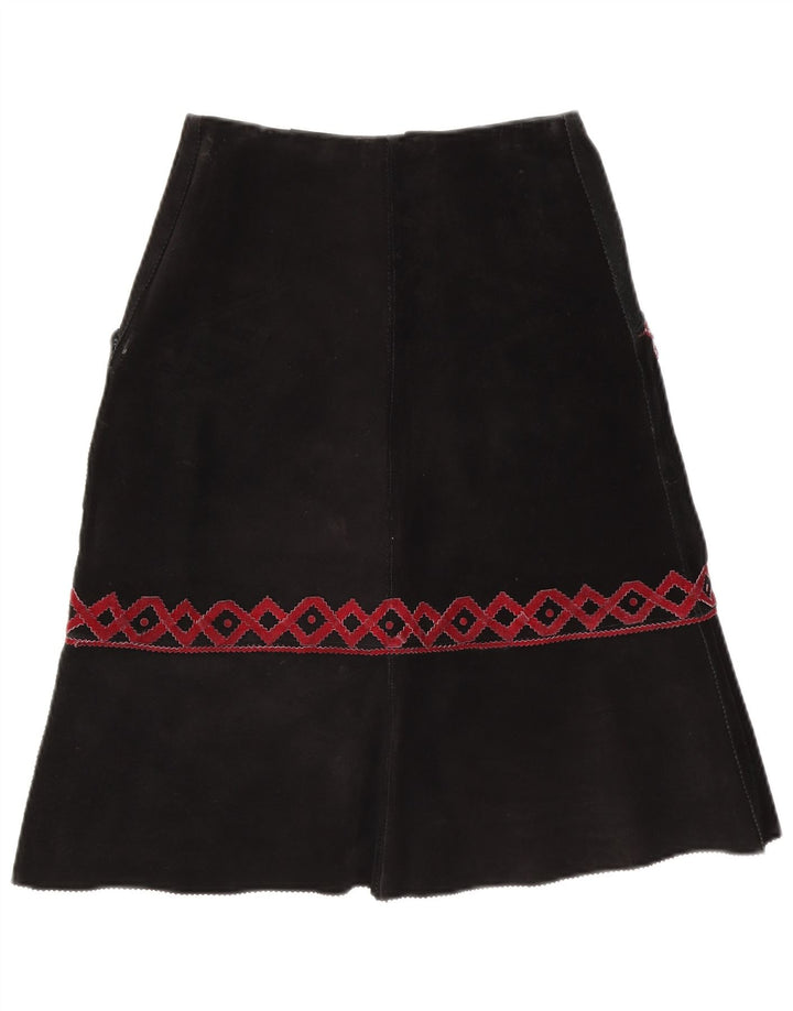Vintage Womens Suede Midi Skirt W28 Medium Black Geometric