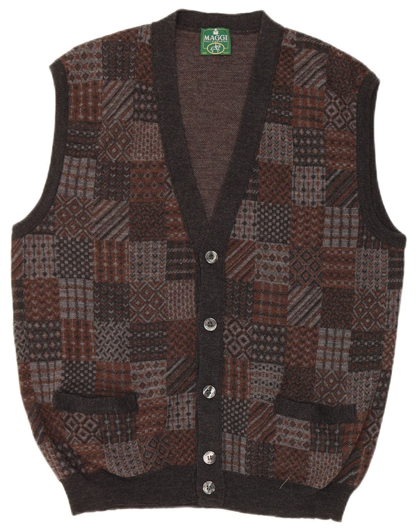 Męski sweter bez rękawów w stylu vintage, średnioszary, geometryczny, z dziewiczej wełny