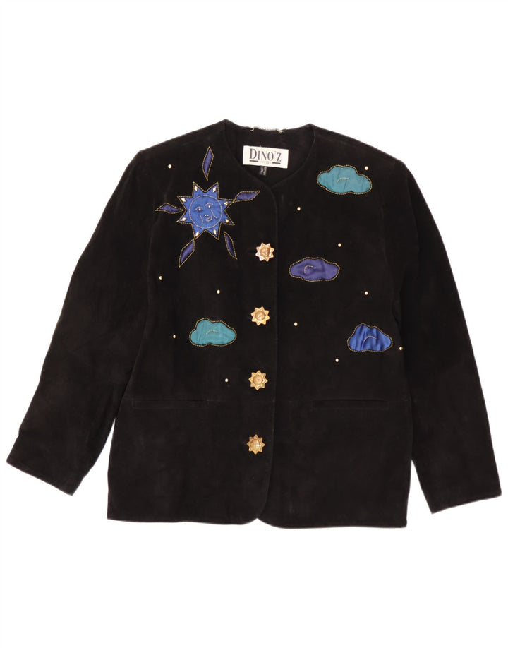 DINO' Z Giacca blazer in pelle scamosciata a 4 bottoni da donna UK 14 pelle nera media
