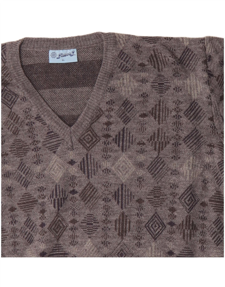 VINTAGE Mens V-Neck Jumper Sweater XL Grey Geometric