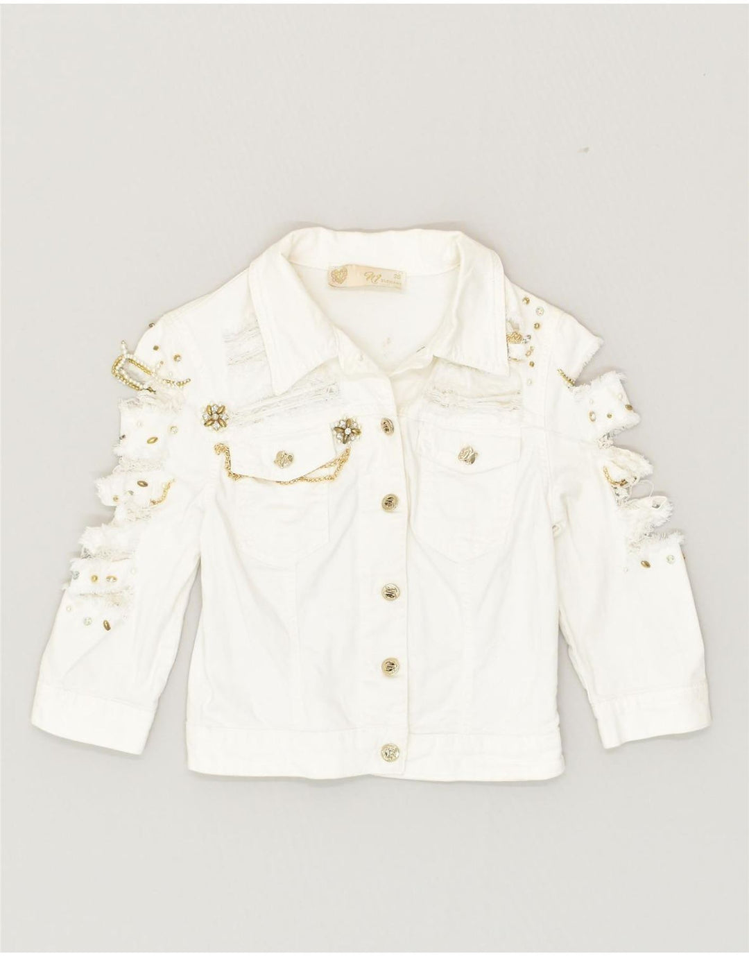 VINTAGE Womens 3/4 Sleeve Distressed Denim Jacket EU 36 Small White Cotton | Vintage Vintage | Thrift | Second-Hand Vintage | Used Clothing | Messina Hembry 