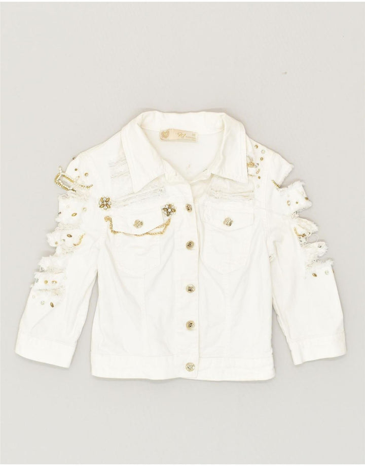 VINTAGE Womens 3/4 Sleeve Distressed Denim Jacket EU 36 Small White Cotton | Vintage Vintage | Thrift | Second-Hand Vintage | Used Clothing | Messina Hembry 