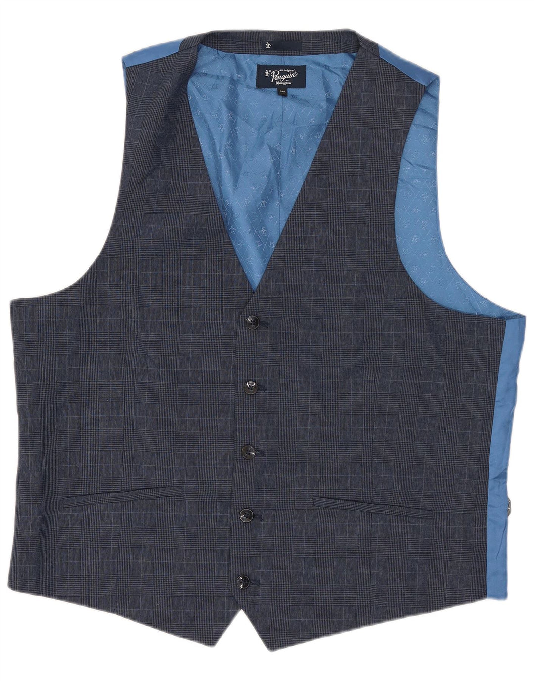 Penguin Mens Waistcoat UK 44 2XL Blue Houndstooth Polyester