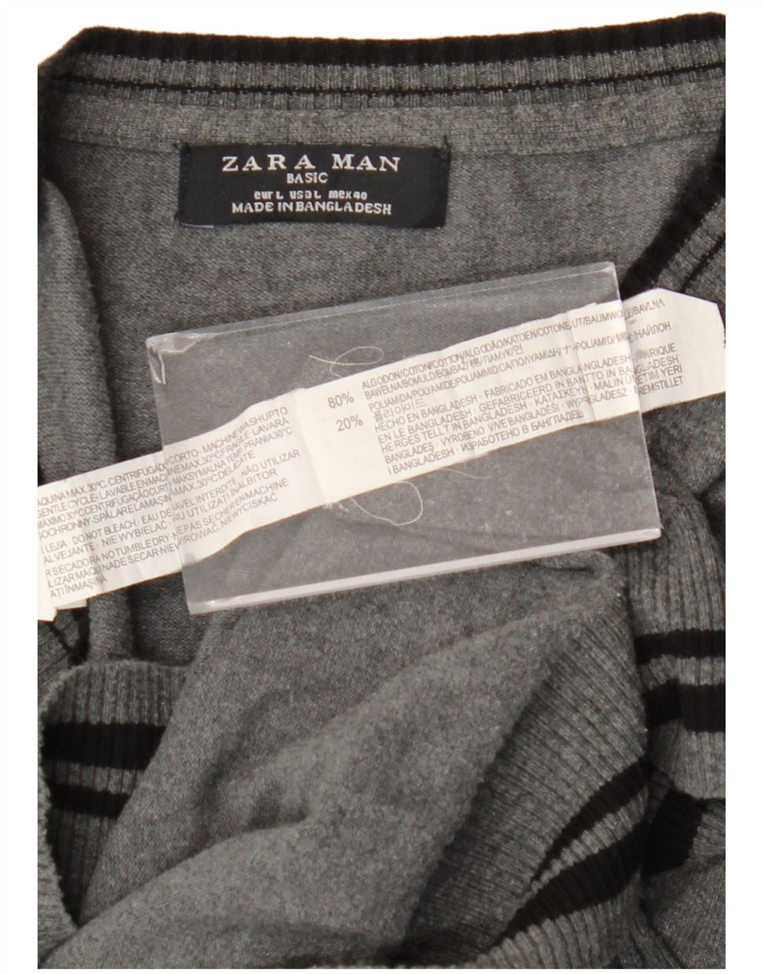 Zara Mens V-Neck Jumper Sweater Large Grey Striped Cotton
