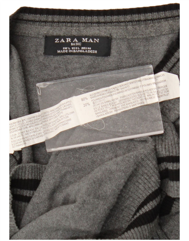 Zara Mens V-Neck Jumper Sweater Large Grey Striped Cotton