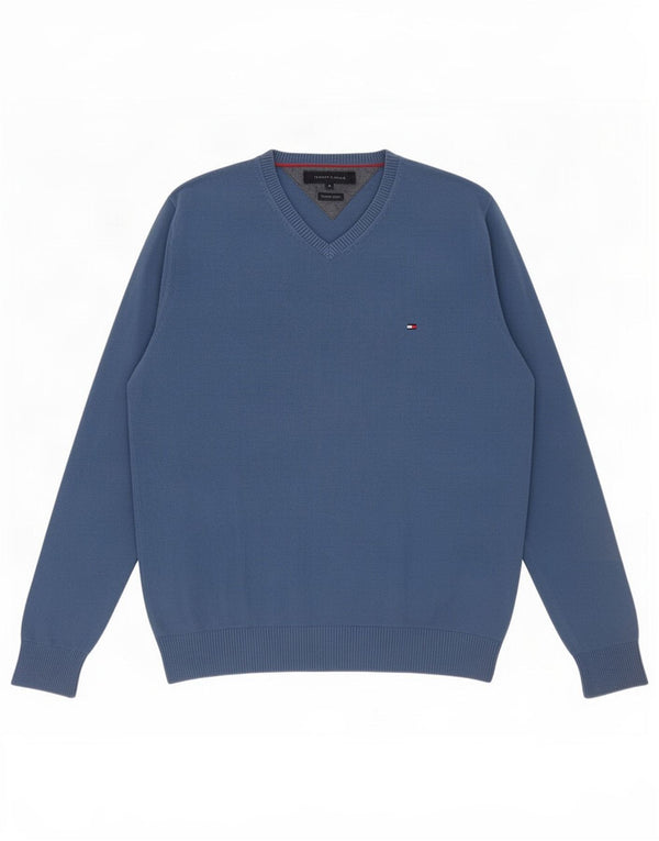 Męski sweter Tommy Hilfiger z dekoltem w kształcie litery V, średnioniebieski, bawełniany